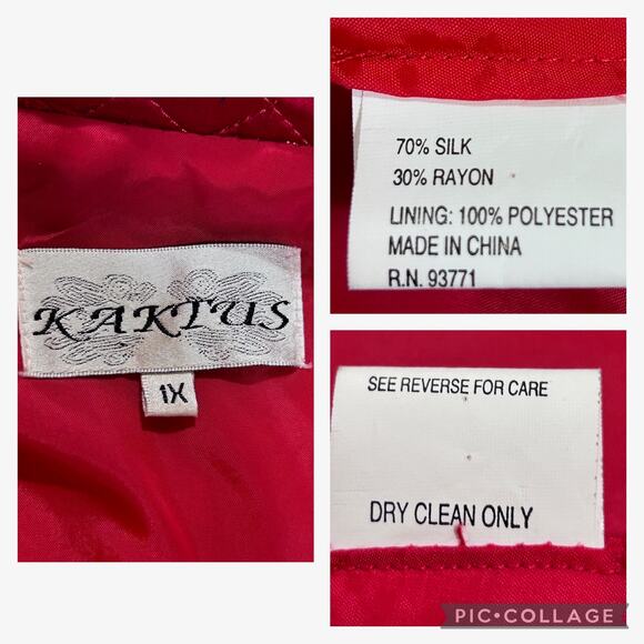 VTG KAKTUS Quilted Floral Red Gold Blk Silk Rayon Jacket 1X Lined Button Front - Picture 7 of 7